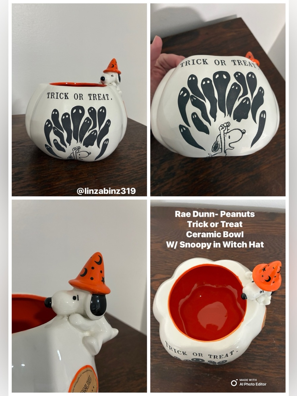 NWT- Peanuts & Rae Dunn- Ceramic Trick-or- Treat Bowl w/ Snoopy in Witch Hat